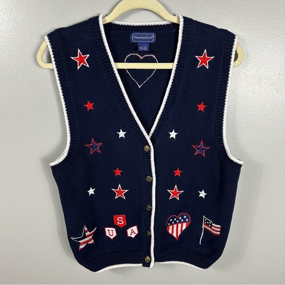 Charter Club Patriotic USA Embroidered Sweater Vest/Cardigan Size Medium - Picture 1 of 11